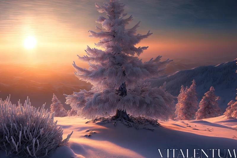 Serene and Dreamy White Tree Covered in Snow AI Image