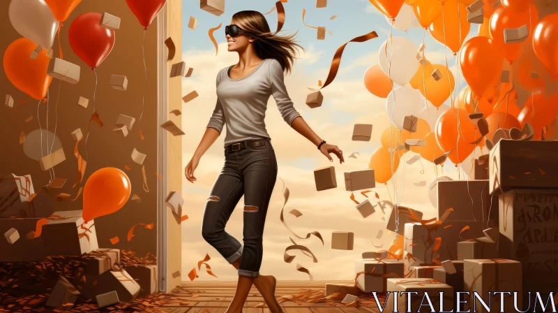 Surreal Young Woman with 3D Glasses in Doorway AI Image