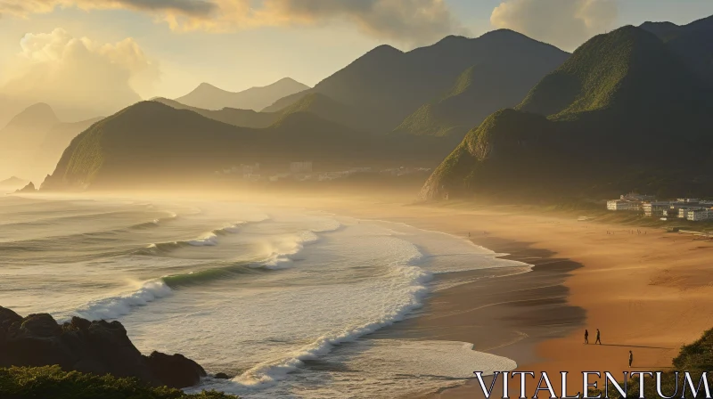 AI ART Tranquil Beach Landscape with Green Mountains at Sunrise