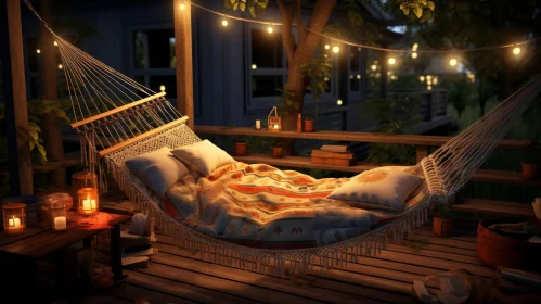 Tranquil Night Scene with Hammock on Wooden Porch