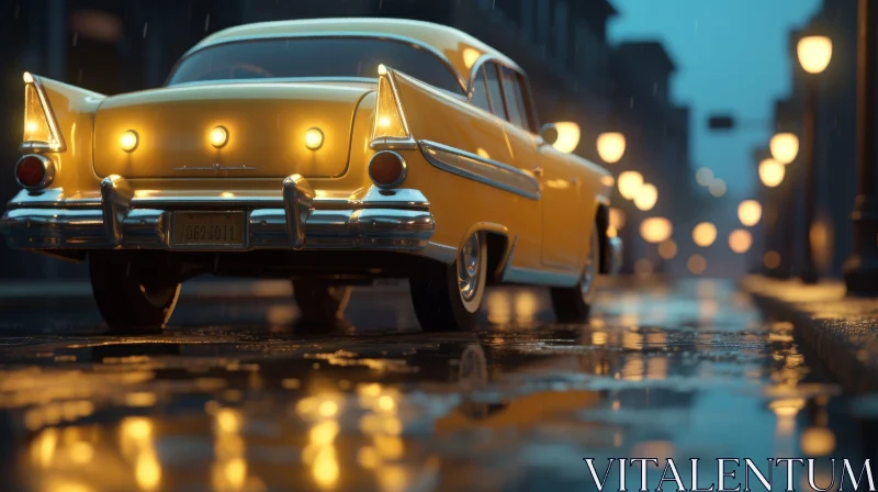 Vintage Car Reflections in City at Night AI Image