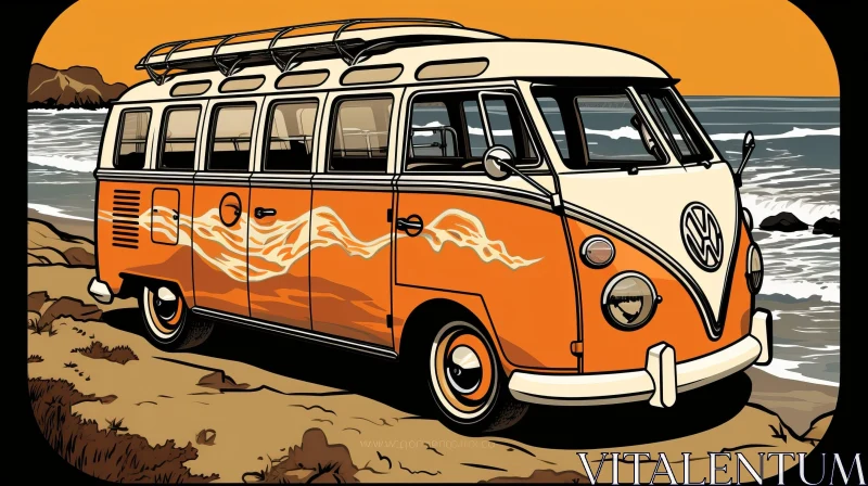 Vintage Volkswagen Bus Illustration on Beach at Sunset AI Image