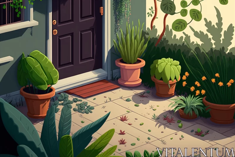 Whimsical Cartoon Scene with Potted Plants and Doorway AI Image