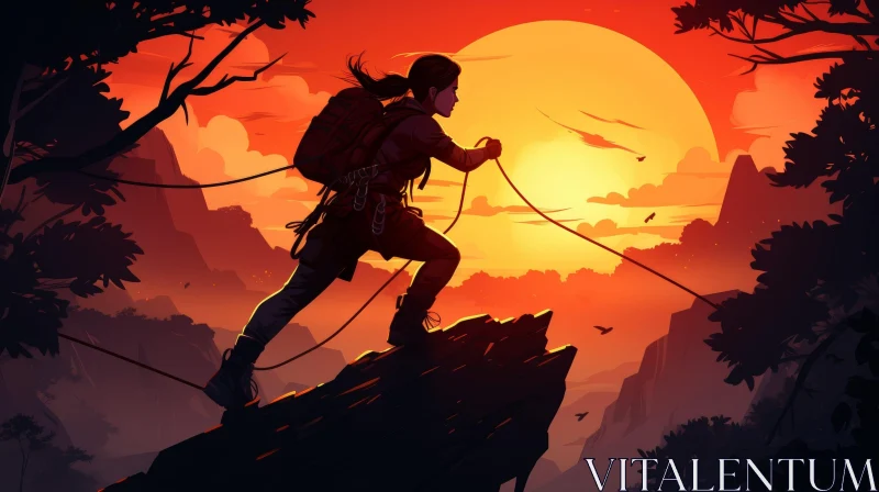 Woman Rappelling Down Cliff in Lush Jungle at Sunset AI Image