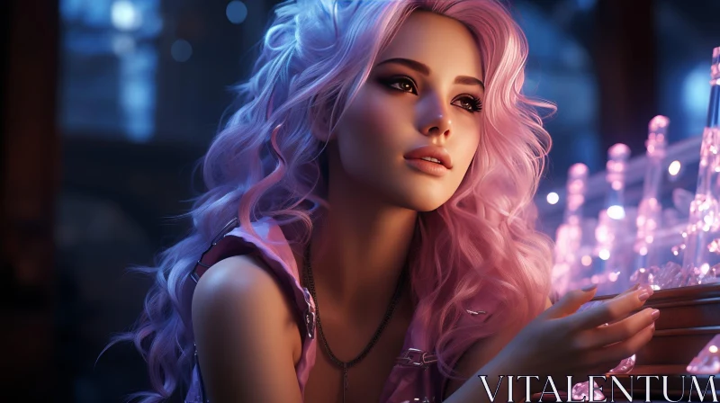 AI ART Beautiful Young Woman Portrait with Pink Hair