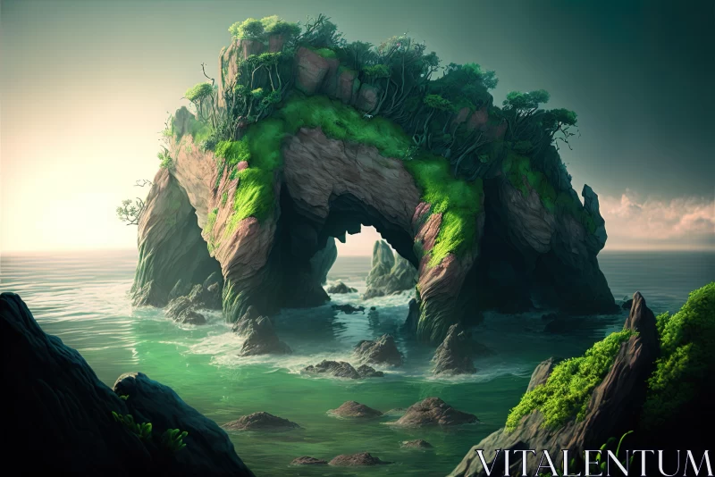 Captivating Rock Arch in Green Landscape - Nature Photography AI Image