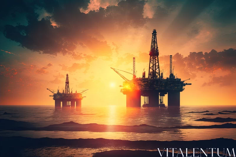 Captivating Sunset: Two Oil Rigs Floating in the Ocean AI Image