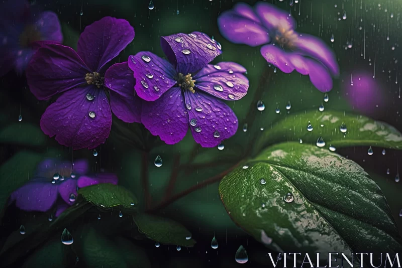 Captivating Violet Flowers in Rain: A Photorealistic Masterpiece AI Image