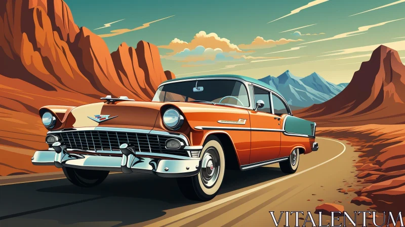 Classic 1950s Chevrolet Bel Air Car Driving in Desert Landscape AI Image