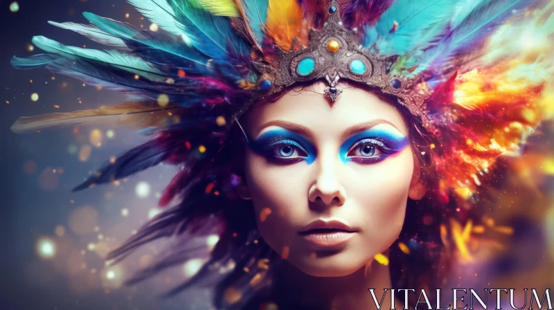 Colorful Feather Headdress Fashion Portrait AI Image