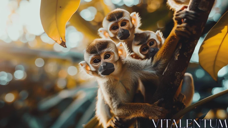 Curious Squirrel Monkeys Portrait on Tree Branch AI Image