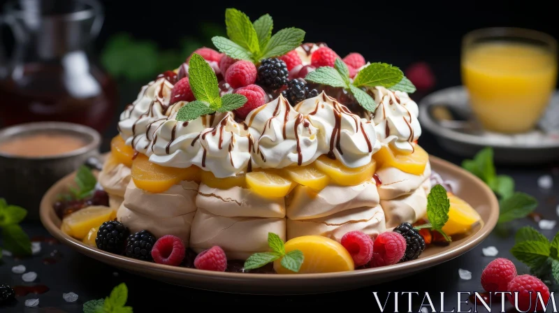 AI ART Delicious Pavlova Dessert with Fruit and Cream