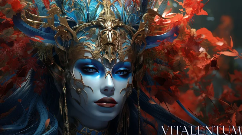 Enchanting Blue-Skinned Woman with Golden Headdress AI Image
