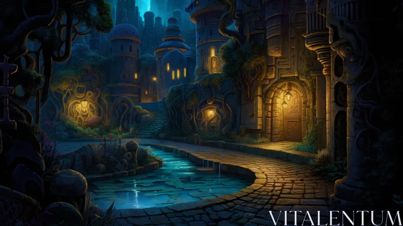 Enchanting Fantasy Cityscape Amidst Mountains AI Image
