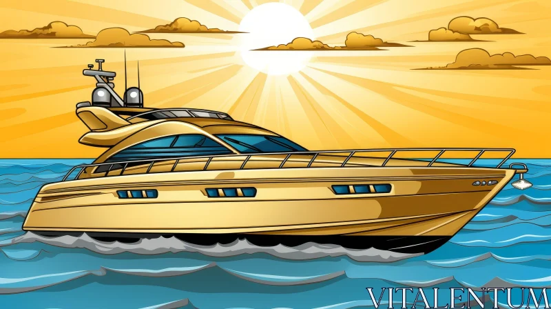 AI ART Golden Yacht Sailing on the Sea - Cartoon Style Artwork