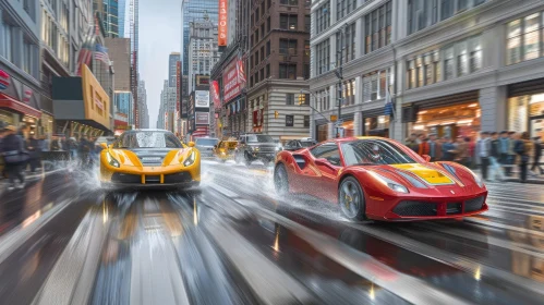 High-Speed Sports Cars Racing Through City Streets