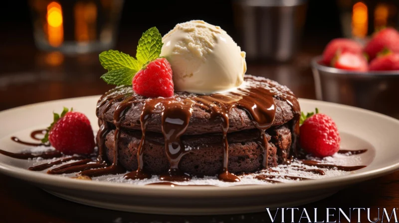 Indulgent Chocolate Cake with Vanilla Ice Cream and Raspberries AI Image
