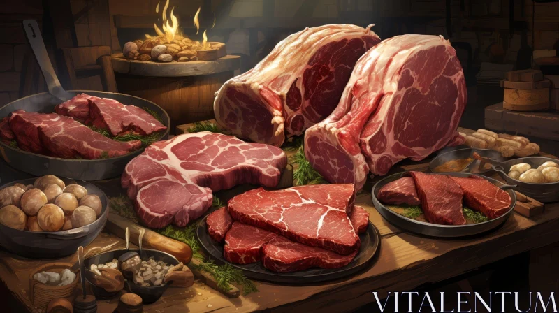 Meat Still Life Composition with Fireplace Ambiance AI Image