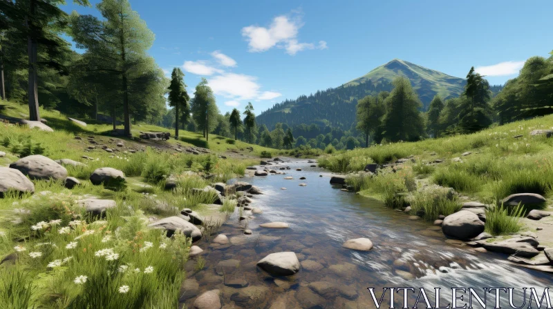 Mountain Valley Landscape with River and Trees AI Image