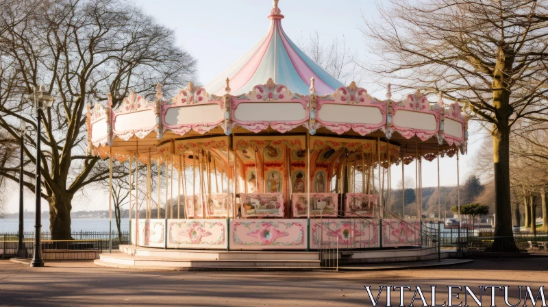 Pastel-Hued Carousel in a Park: A Storybook Scene AI Image