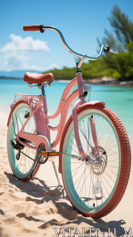 Pink Beach Cruiser Bicycle on Sandy Beach AI Image