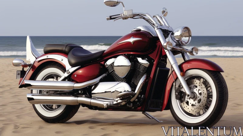Red and Silver Cruiser Motorcycle on Beach AI Image