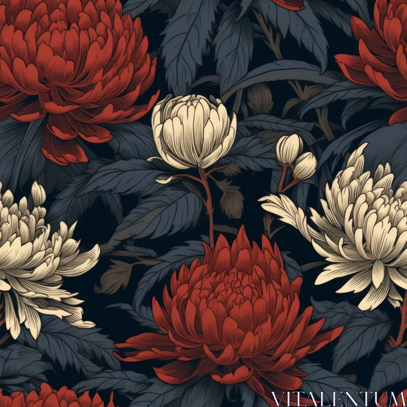 Red and White Chrysanthemum Seamless Pattern on Dark Blue Background AI Image