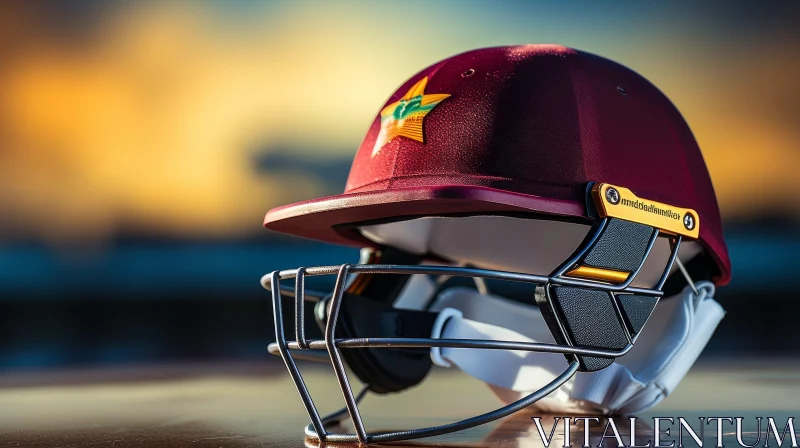 Red Cricket Helmet with Star on Brown Surface at Sunset AI Image