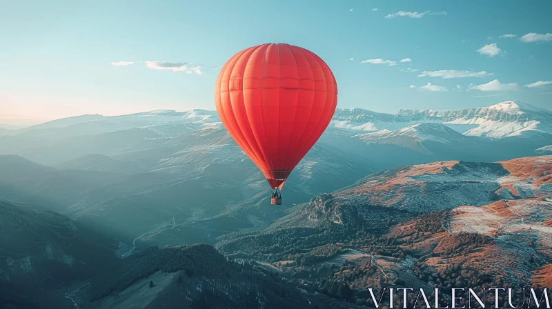 Red Hot Air Balloon Flying Over Snowy Mountain Range AI Image