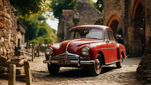Red Vintage Car in European Village