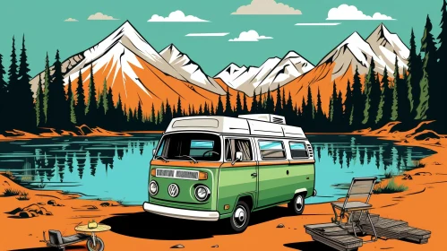 Retro Van Camping in Mountain Illustration