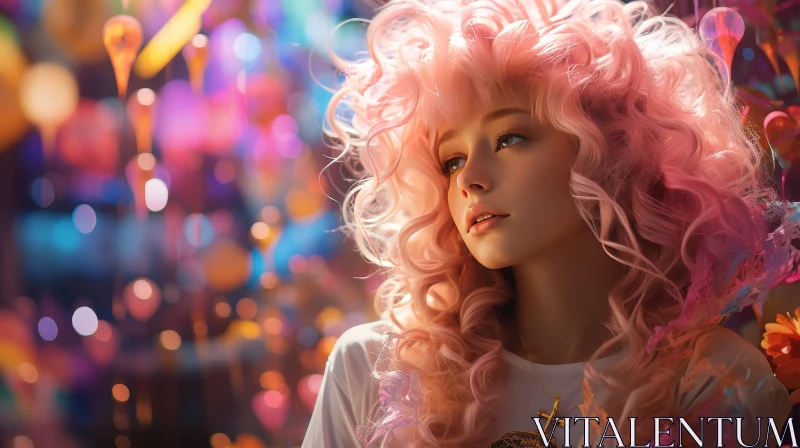 Thoughtful Woman Portrait with Pink Curly Hair AI Image