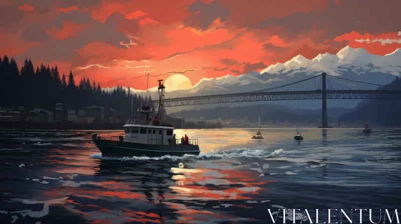 Tranquil Harbor Sunset Painting AI Image