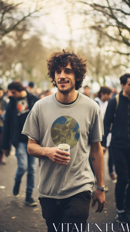 Urban Lifestyle: Young Man with Earth Design T-shirt and Coffee Cup AI Image