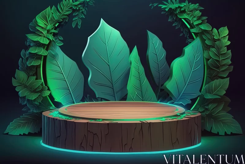 Whimsical Wooden Stump with Neon Ferns and Leaves - Playful Illustration AI Image