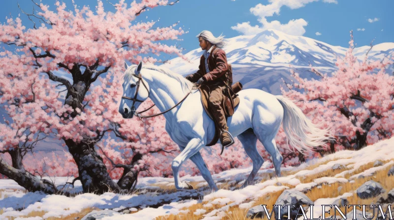 White Horse amidst Cherry Blossoms - A Realist Adventure Painting AI Image