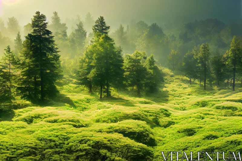 Captivating Nature Photography: Colorful Green Meadows and Swaying Trees AI Image