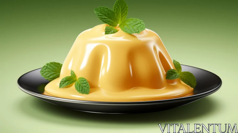AI ART Delicious Vanilla Pudding with Mint Leaves on Black Plate