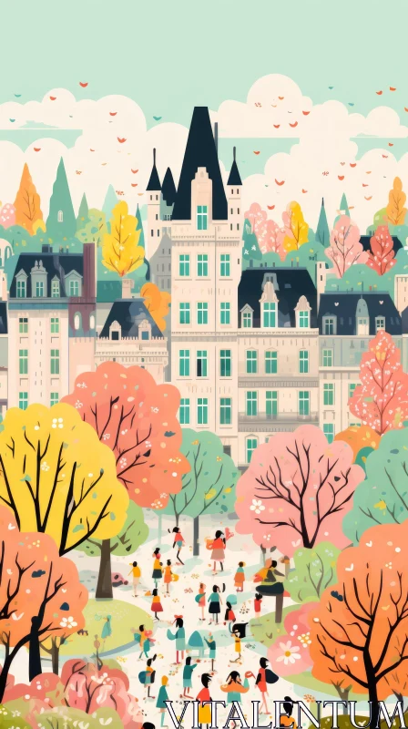 Enchanting Town Illustration Amid Nature - Paris School Art Style AI Image