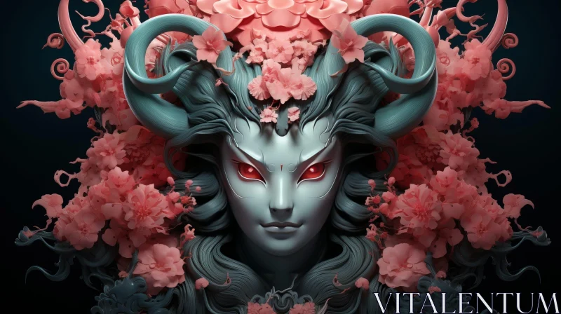 Enigmatic 3D Female Deity with Blue Skin and Pink Flowers AI Image