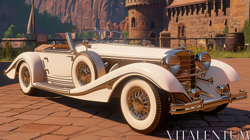 Luxury Car at Medieval Castle | Historic 1930s Mercedes-Benz 540K AI Image