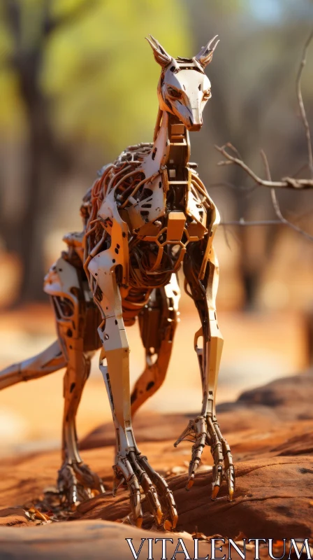Mechanical Kangaroo in Desert Landscape - An Artistic Blend of Nature and Cyberpunk AI Image