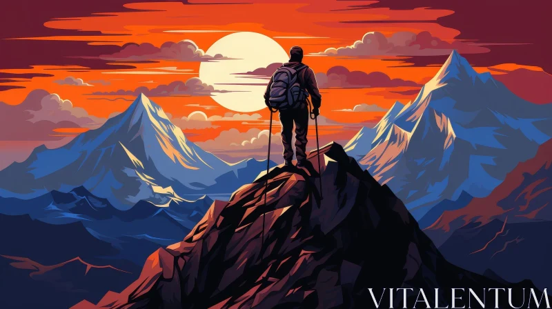 Mountain Climber Sunset Illustration AI Image