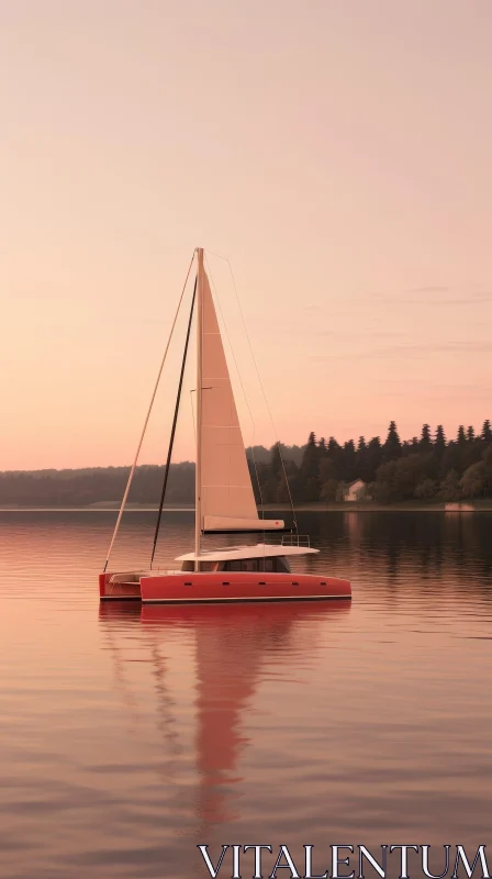 Red and White Catamaran at Sunset on Calm Water AI Image