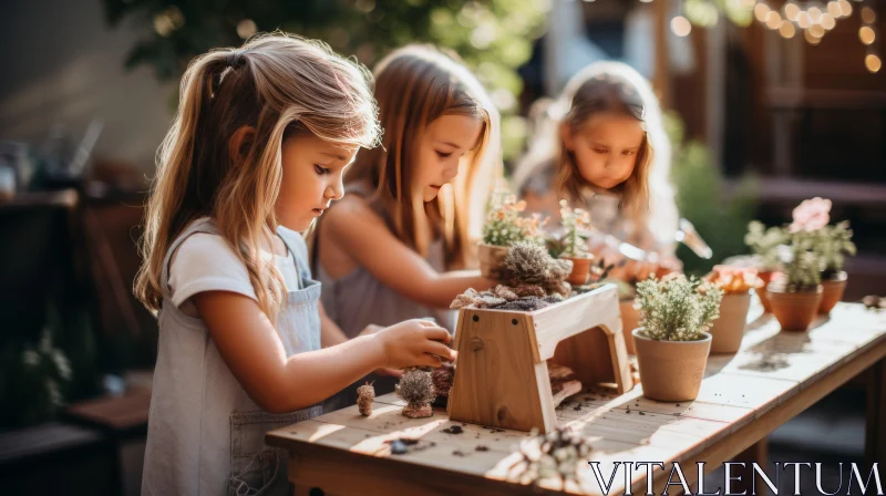 Three Girls Engrossed in Gardening - A Celebration of Childhood and Nature AI Image