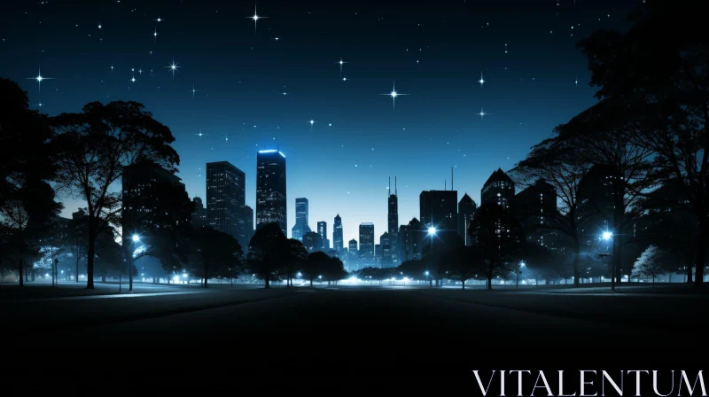 Tranquil Night Cityscape with Park and Stars AI Image