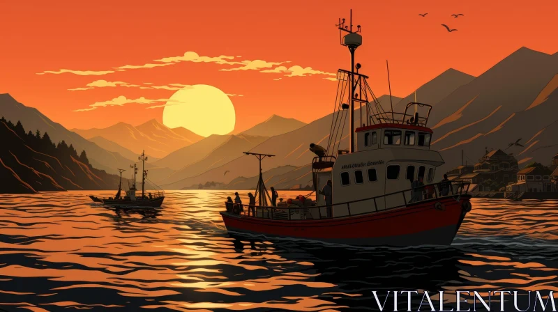 Tranquil Sunset Digital Painting with Fishing Boat AI Image