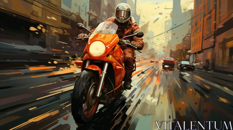 Urban Motorcycle Rider Cityscape Painting AI Image