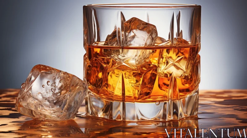 Whiskey Glass with Ice Cubes on Wooden Table AI Image