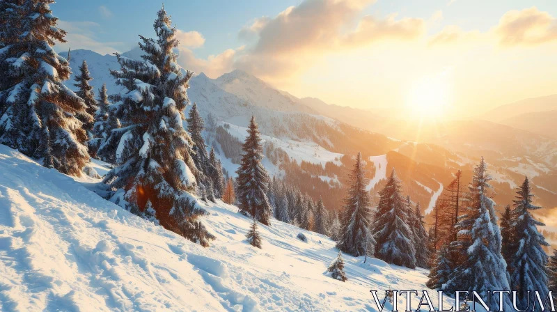 Winter Landscape with Snow-Covered Trees and Majestic Mountains AI Image